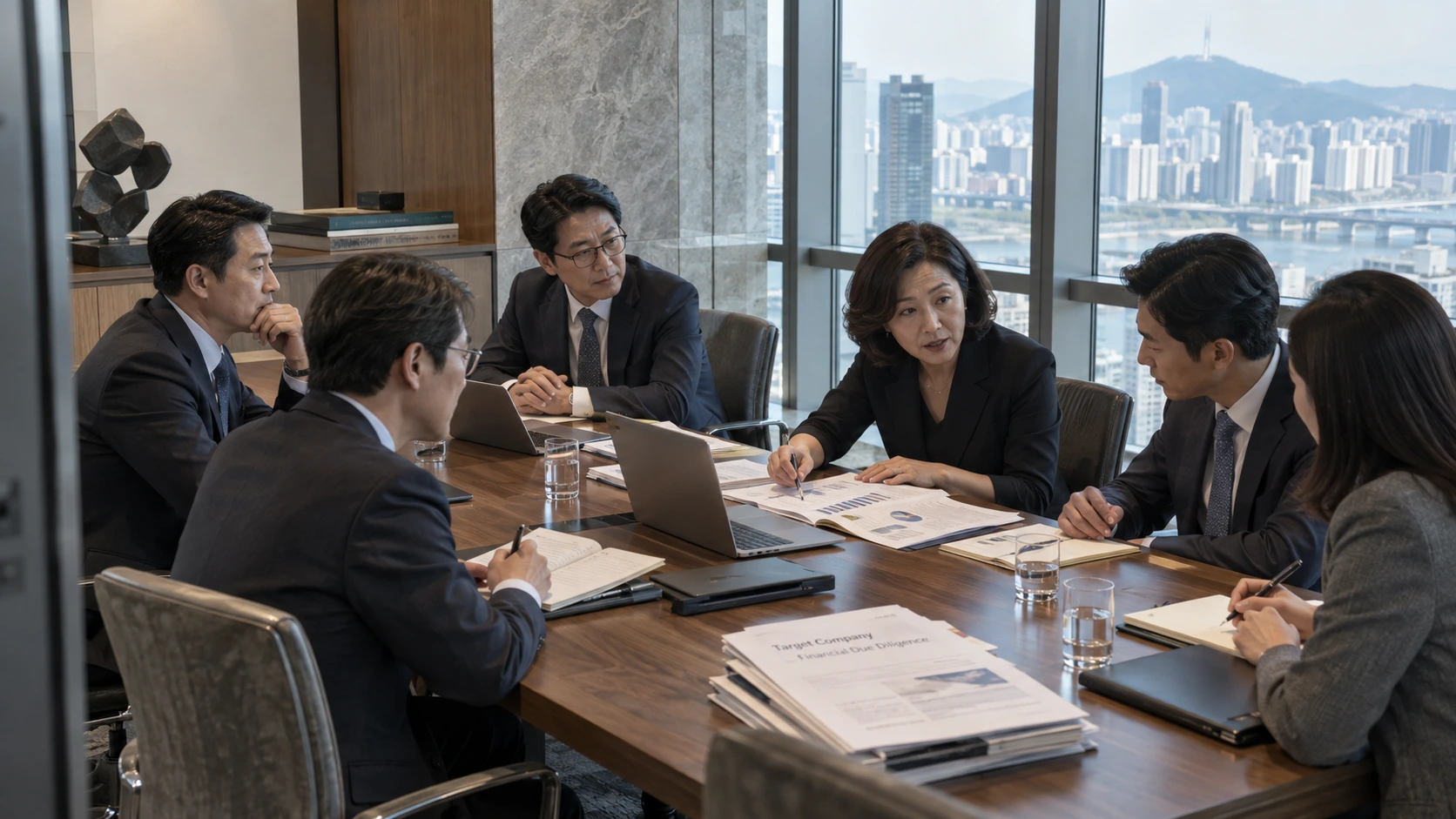 기업인수 실전 지도 — 한 인수 안건의 실사 자료를 중심으로 전원이 참여하는 검토 회의.