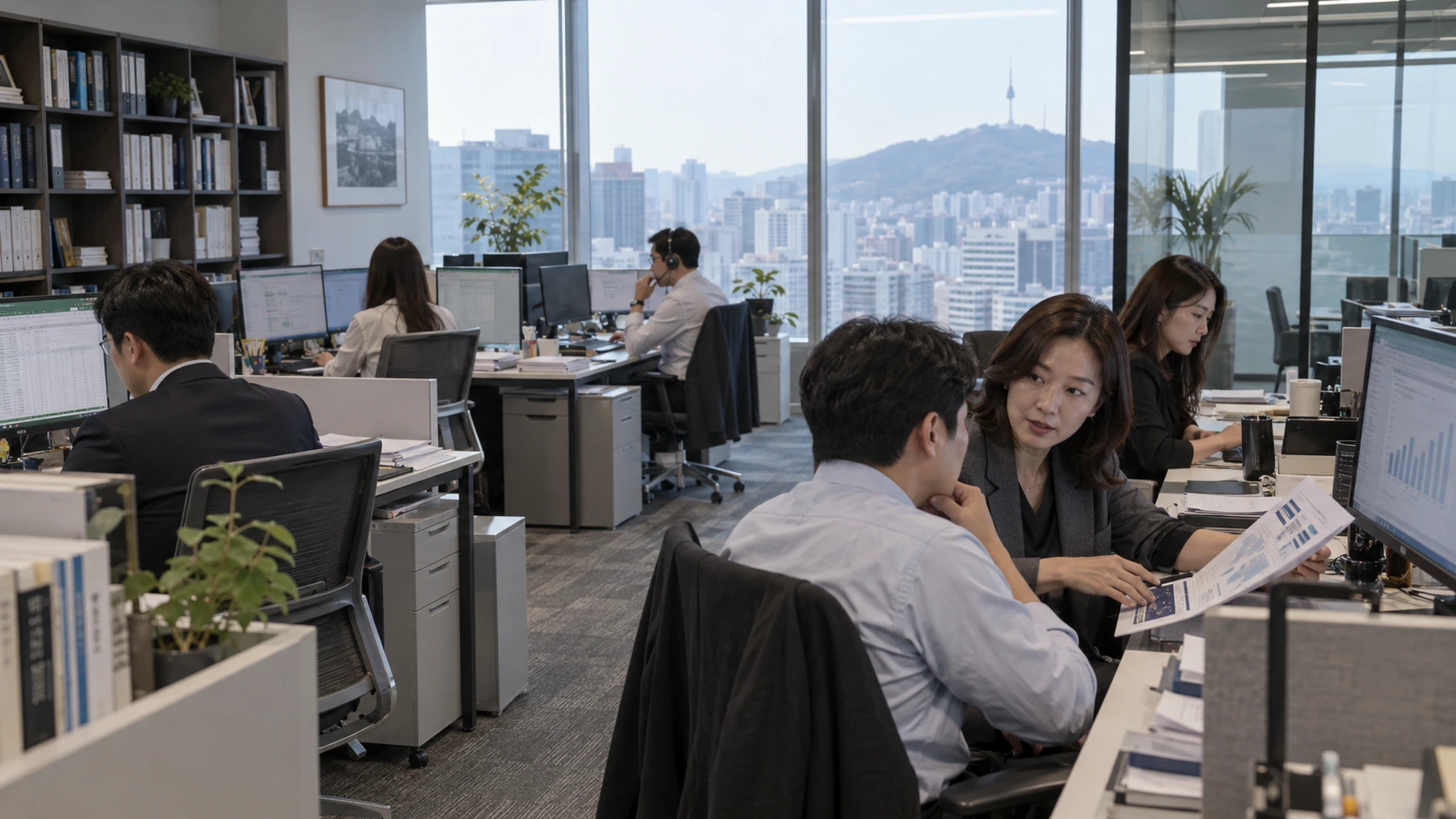 상업실사 보고서 작성 — 리서치 자료·시장 분석 화면을 사용하는 상업실사 팀. 인접 동료 간 자료 검토.