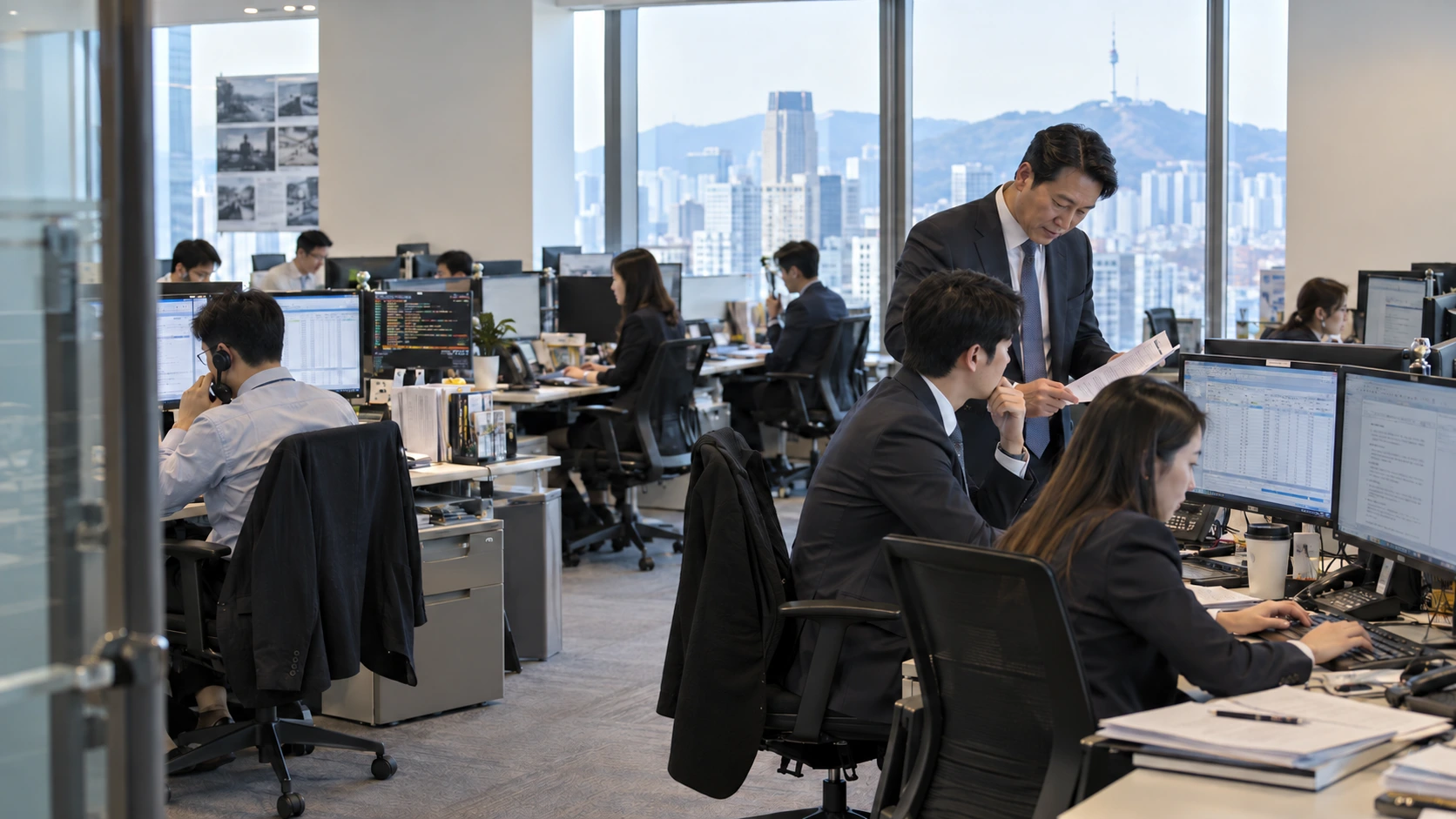 M&A 실무 교육 — 각자의 분석 좌석에서 거래 자료를 검토하고, 필요한 동료와 짧게 협의하는 M&A 업무 공간.